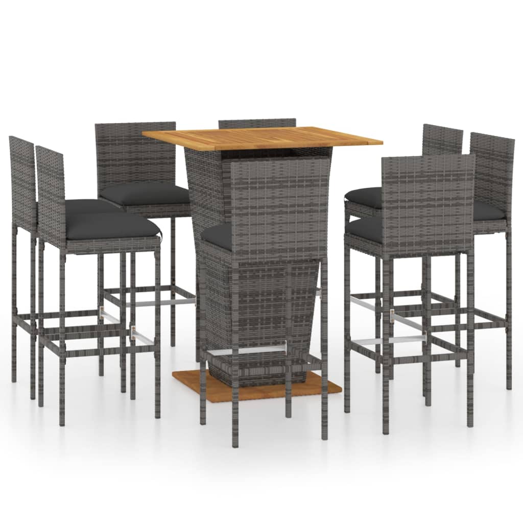 9 Piece Garden Bar Set with Cushions Poly Rattan Grey