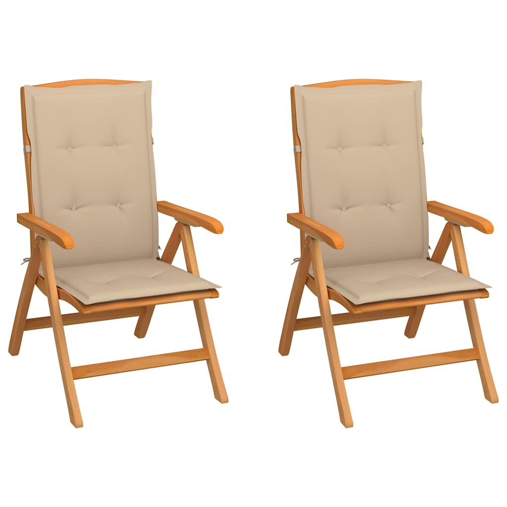 Folding Chairs 2 pcs with Beige Cushions Solid Teak Wood