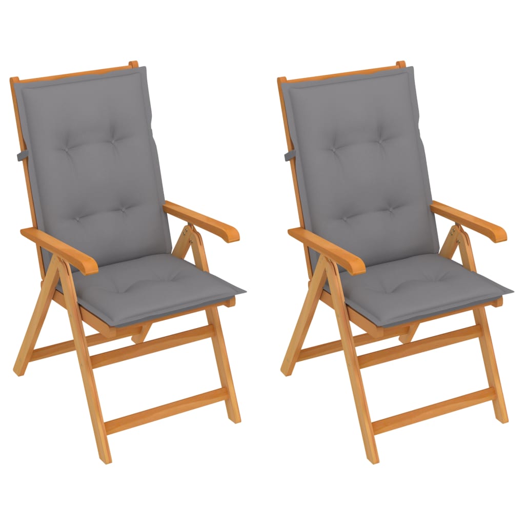 Folding Chairs 2 pcs with Grey Cushions Solid Teak Wood