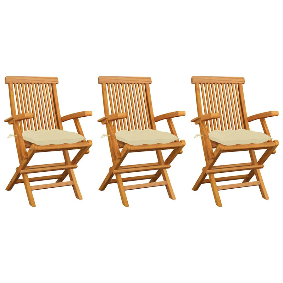Folding Chairs with Cream White Cushions 3 pcs Solid Teak Wood