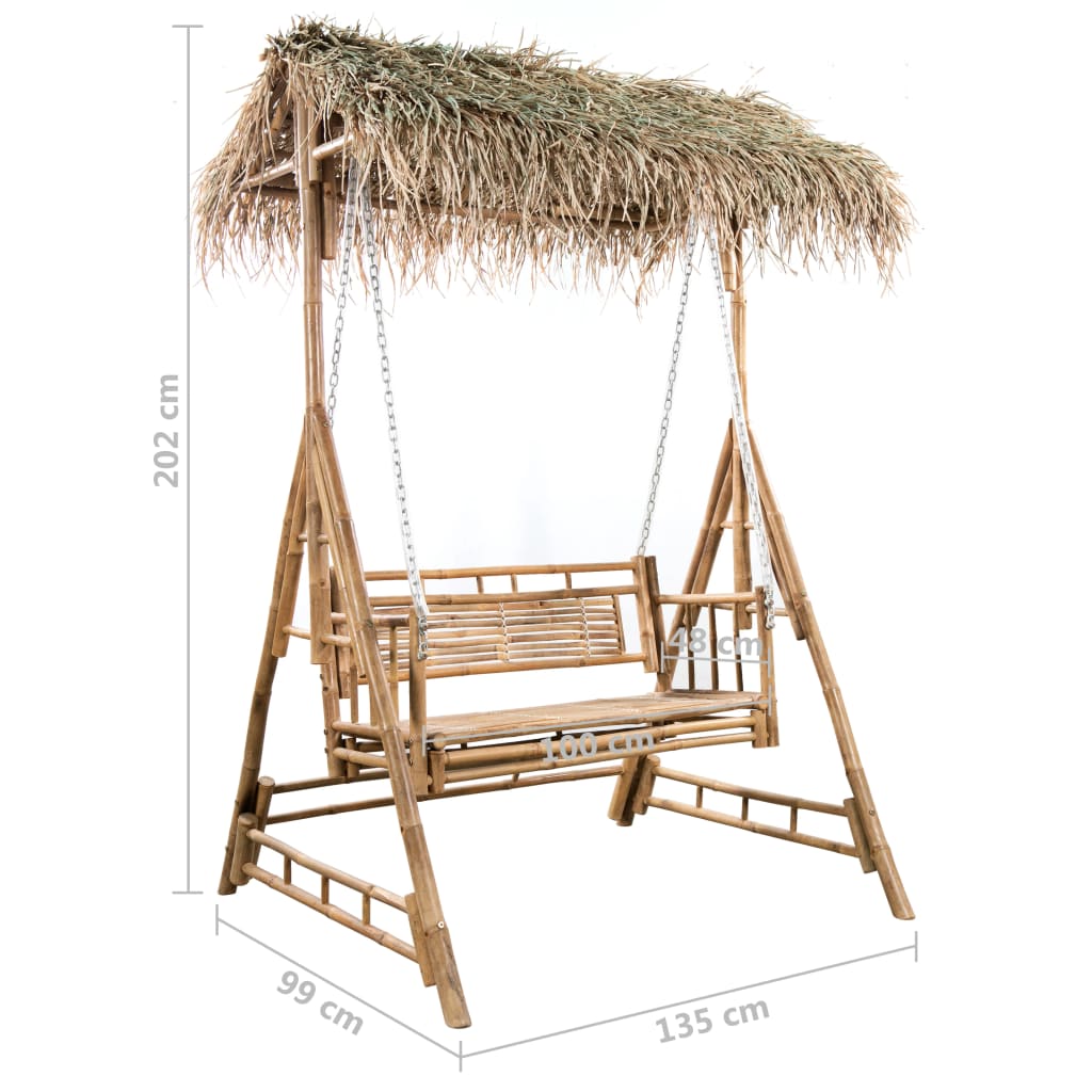 2-Seater Swing Bench with Palm Leaves and Cushion 202 cm Bamboo