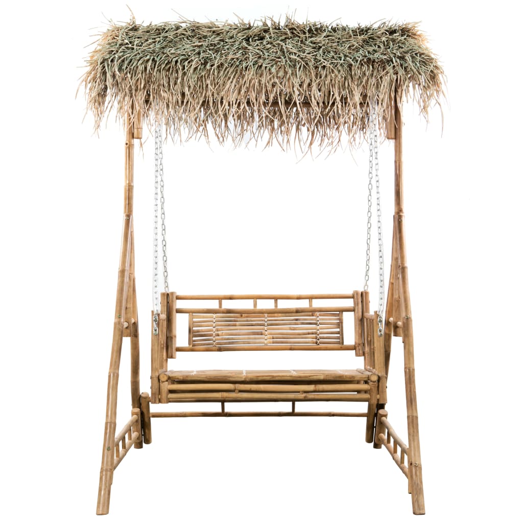2-Seater Swing Bench with Palm Leaves and Cushion 202 cm Bamboo