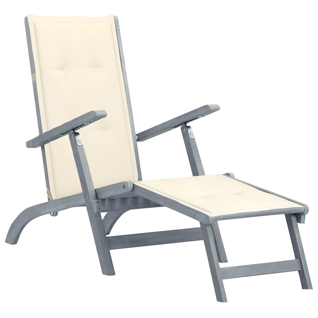 Outdoor Deck Chair with Footrest and Cushion Solid Acacia Wood