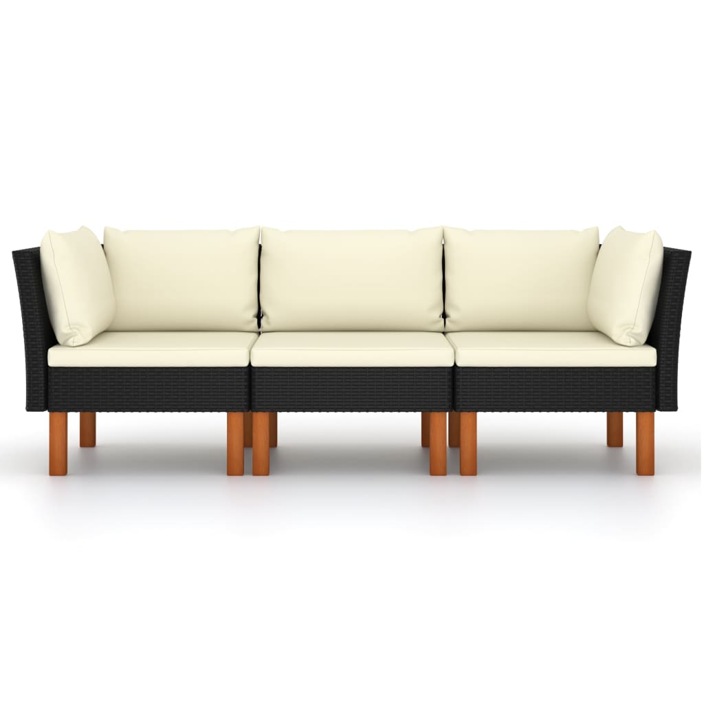3-Seater Garden Sofa with Cushions Black Poly Rattan