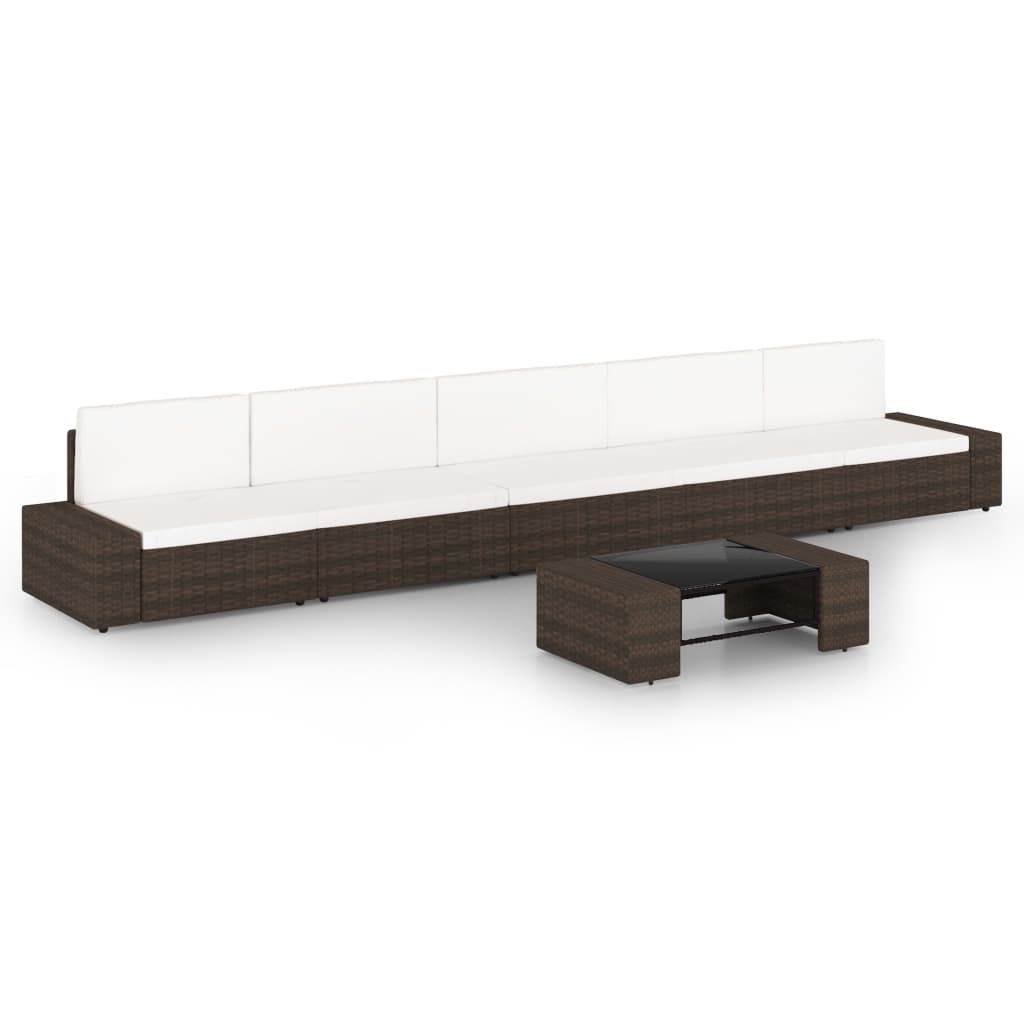 6 Piece Garden Lounge Set with Cushions Brown Poly Rattan