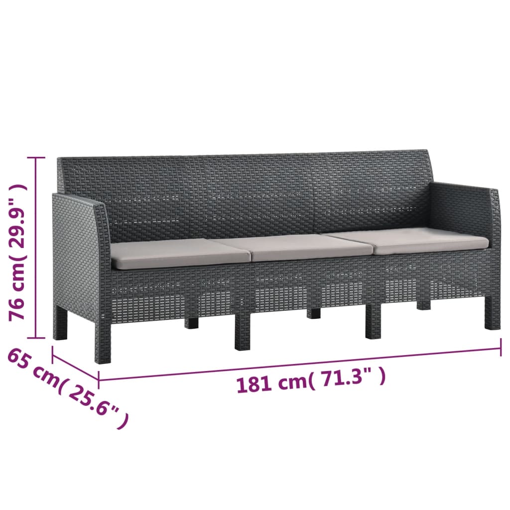 3-Seater Garden Sofa with Cushions Anthracite PP Rattan