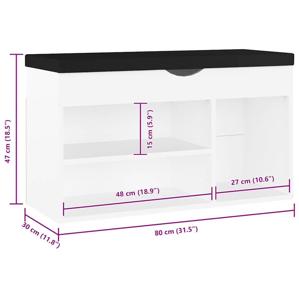 Shoe Bench with Cushion White 80x30x47 cm Engineered Wood