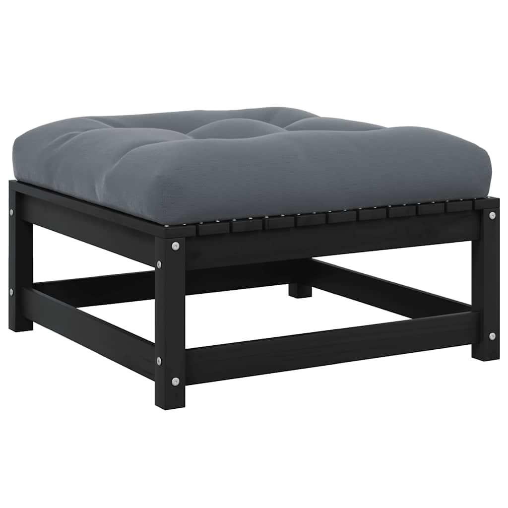Garden Footstool with Cushion Black Solid Pinewood