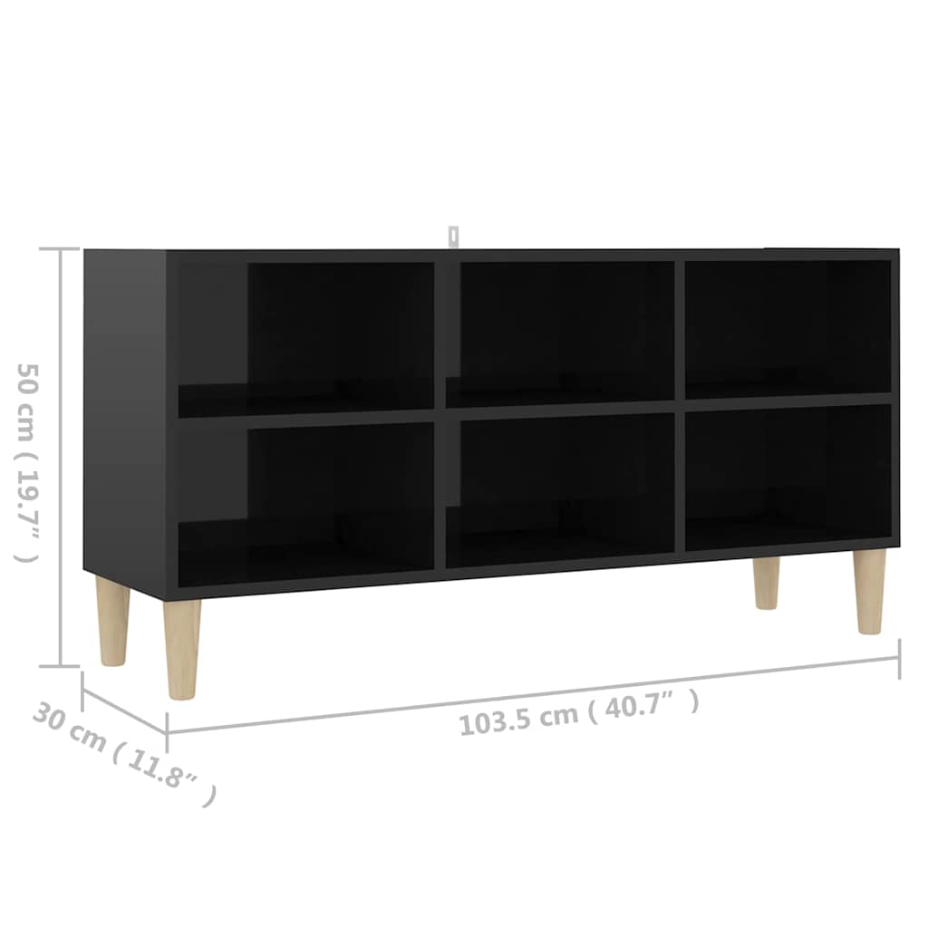 TV Cabinet with Solid Wood Legs High Gloss Black 103.5x30x50 cm