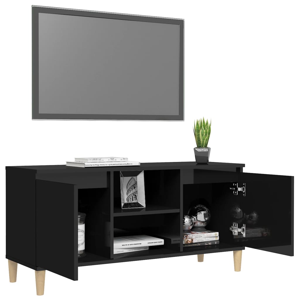 TV Cabinet & Solid Wood Legs High Gloss Black 103.5x35x50 cm