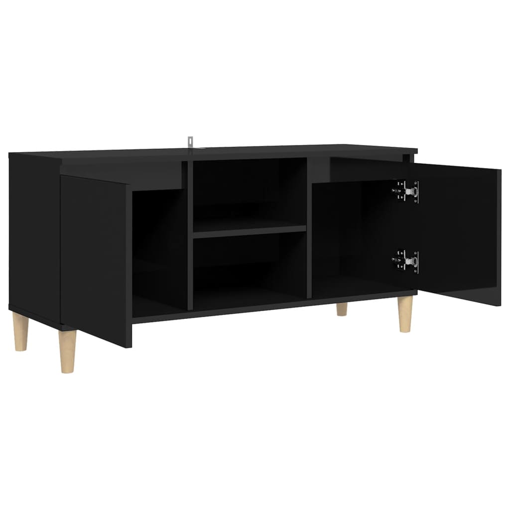 TV Cabinet & Solid Wood Legs High Gloss Black 103.5x35x50 cm