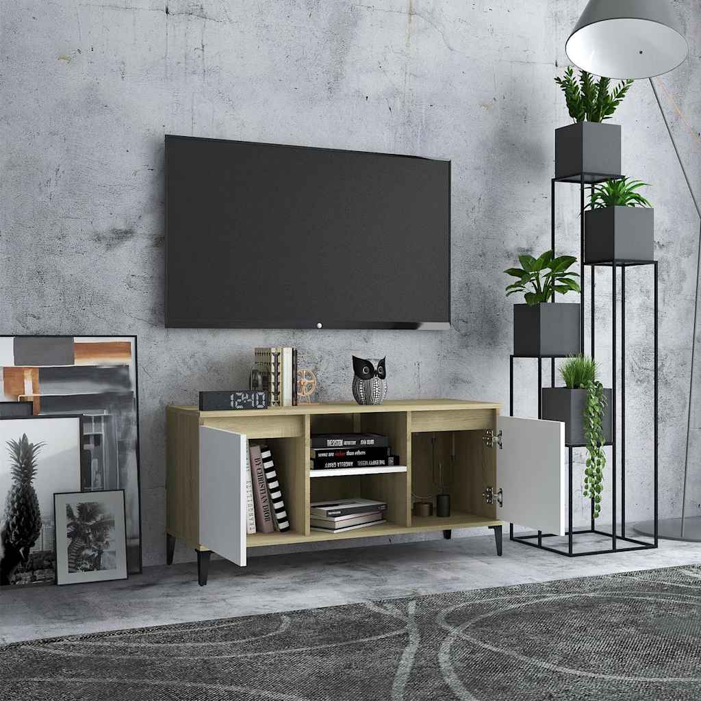 TV Cabinet with Metal Legs White and Sonoma Oak 103.5x35x50 cm