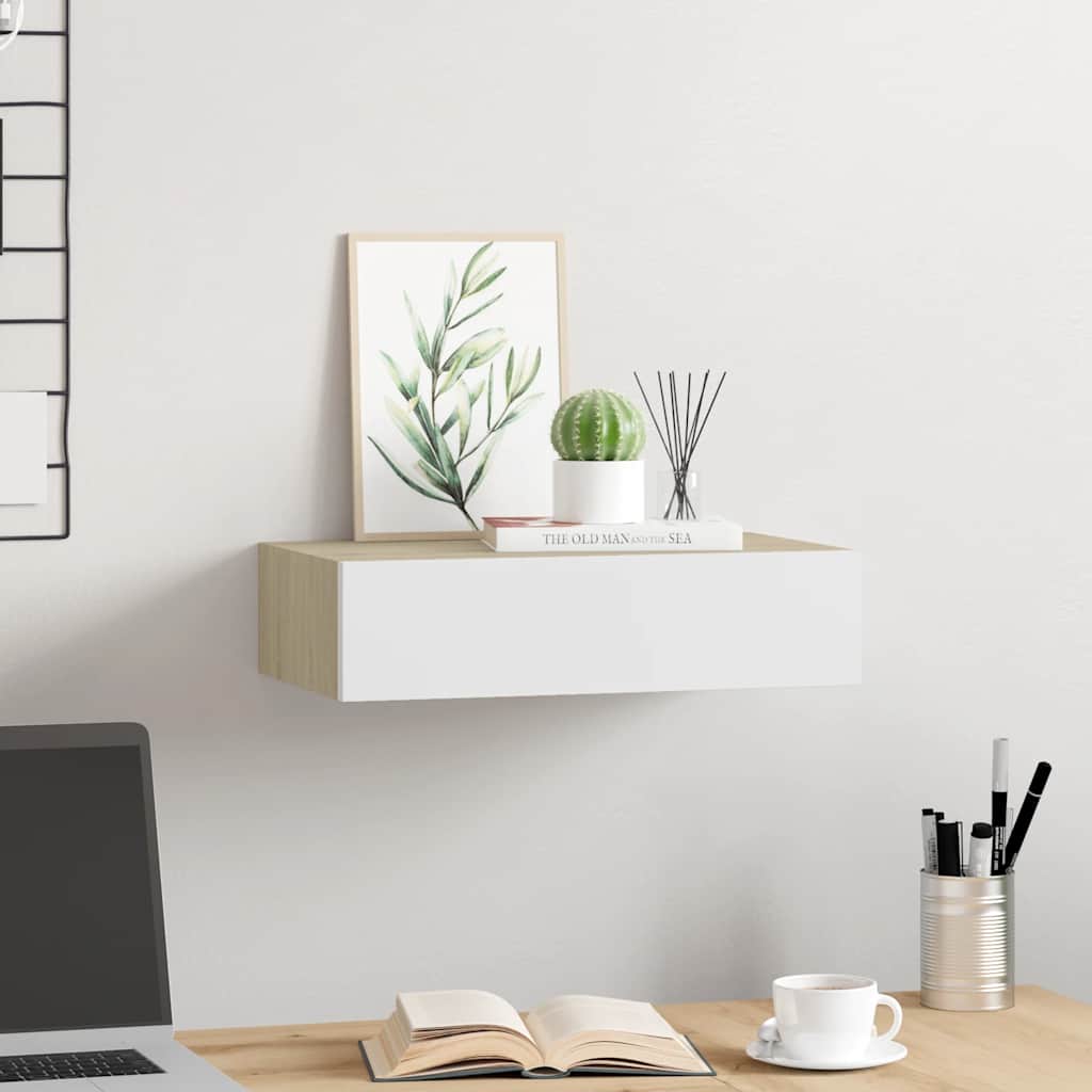 Wall-mounted Drawer Shelf Oak and White 40x23.5x10cm MDF