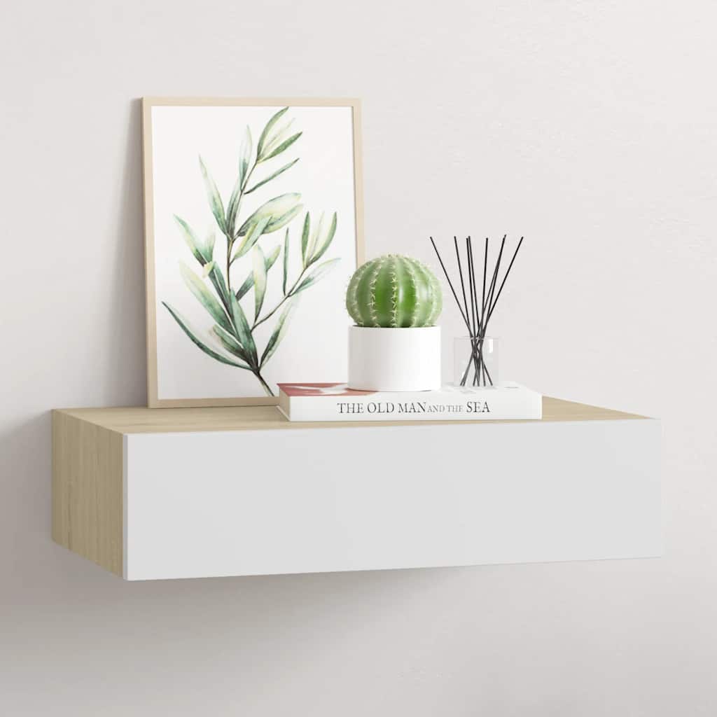 Wall-mounted Drawer Shelf Oak and White 40x23.5x10cm MDF