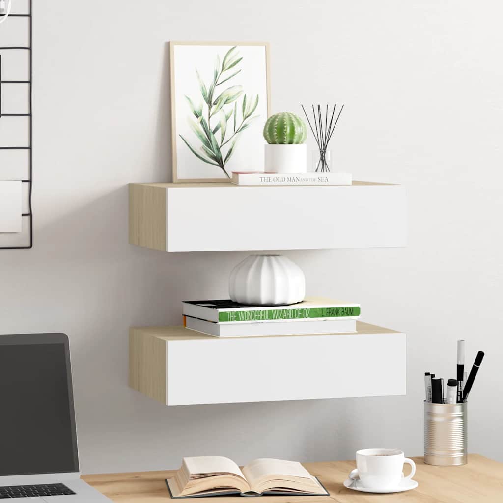 Wall Drawer Shelves 2 pcs Oak and White 40x23.5x10cm MDF