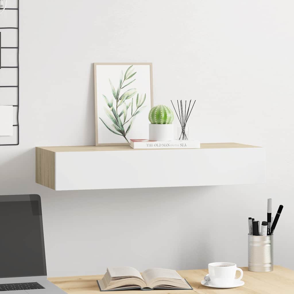Wall-mounted Drawer Shelf Oak and White 60x23.5x10cm MDF
