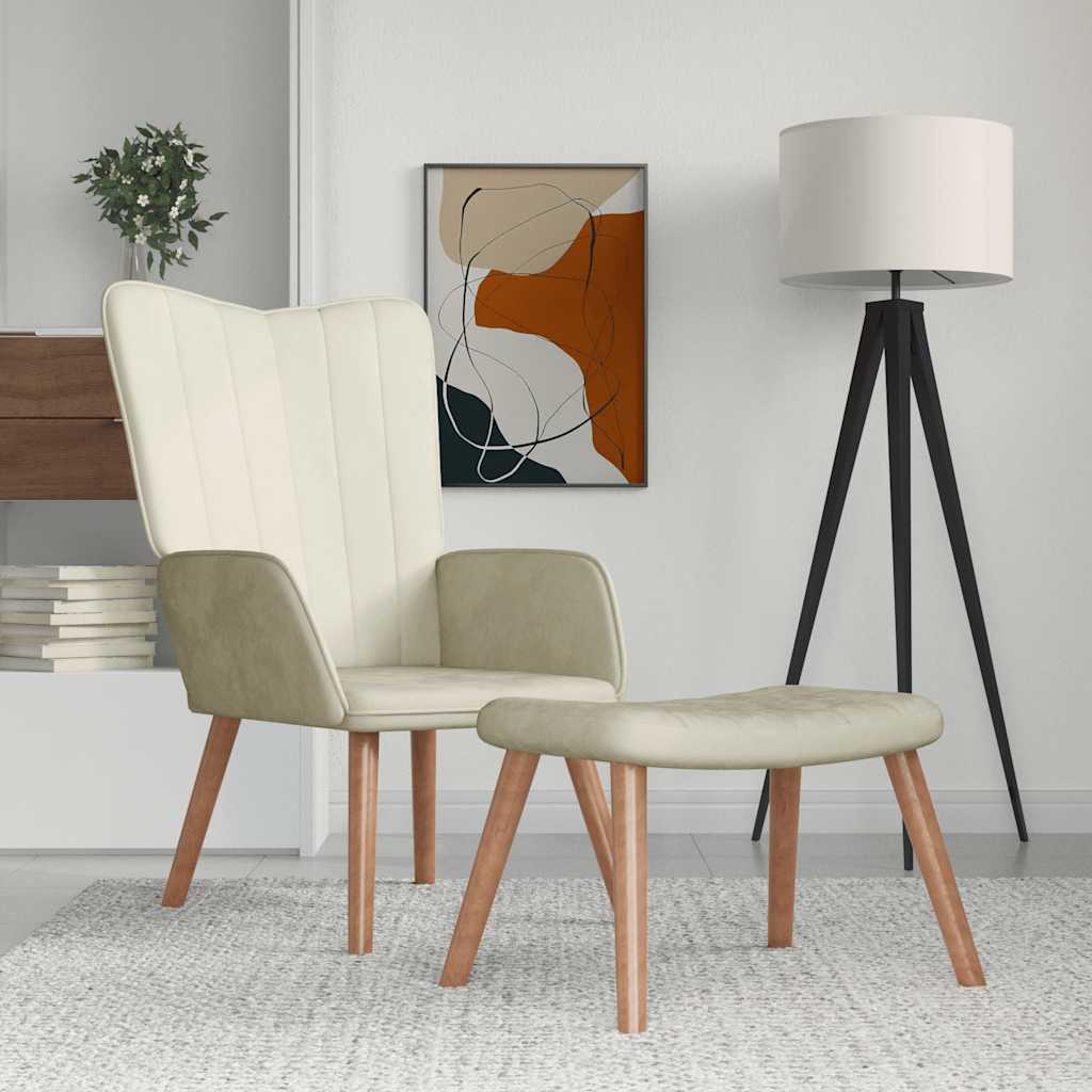 Relaxing Chair with a Stool Cream White Velvet