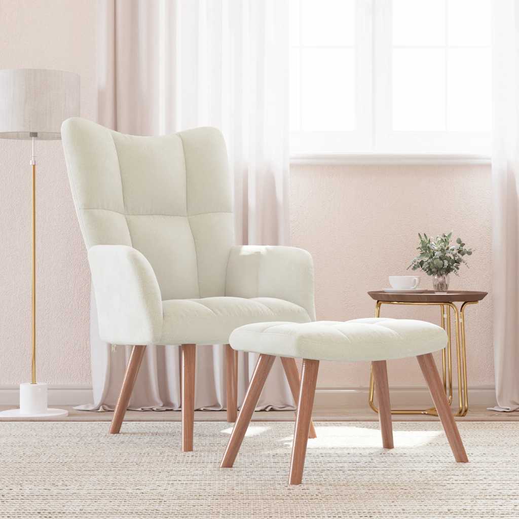Relaxing Chair with a Stool Cream White Velvet