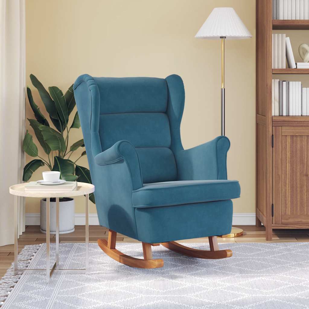 Rocking Chair Wingback Blue Velvet and Solid Wood