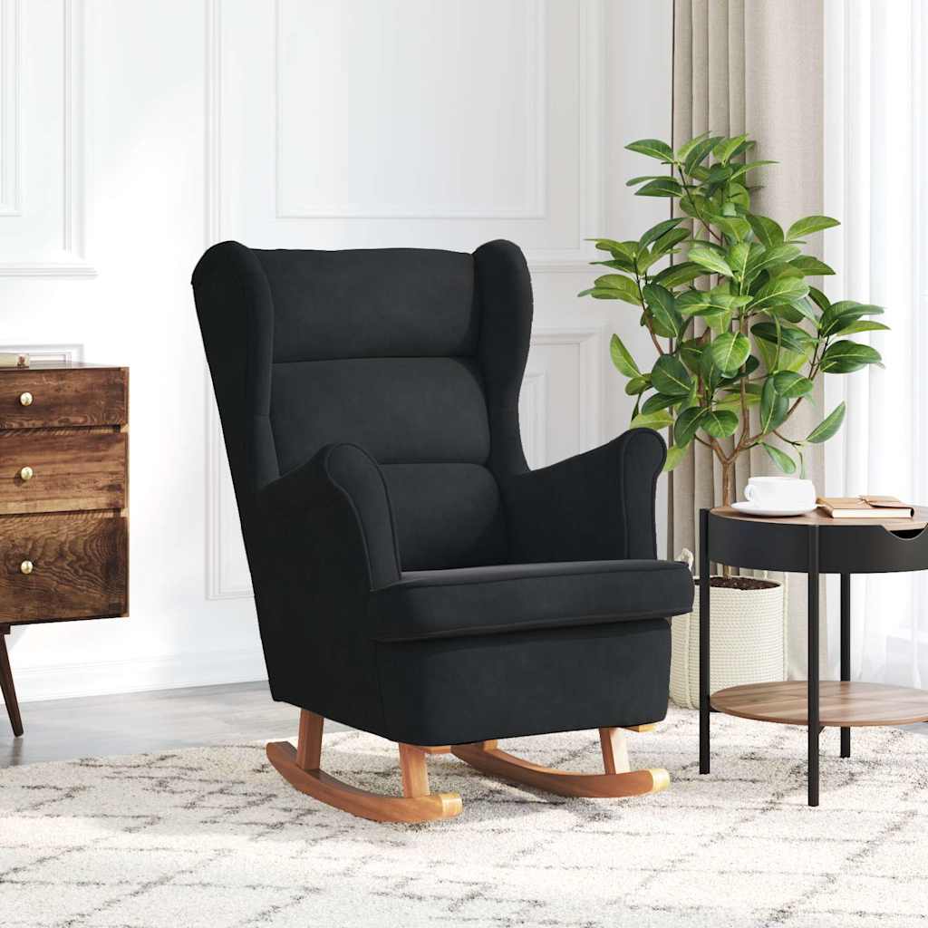 Rocking Chair Wingback Black Velvet and Solid Wood