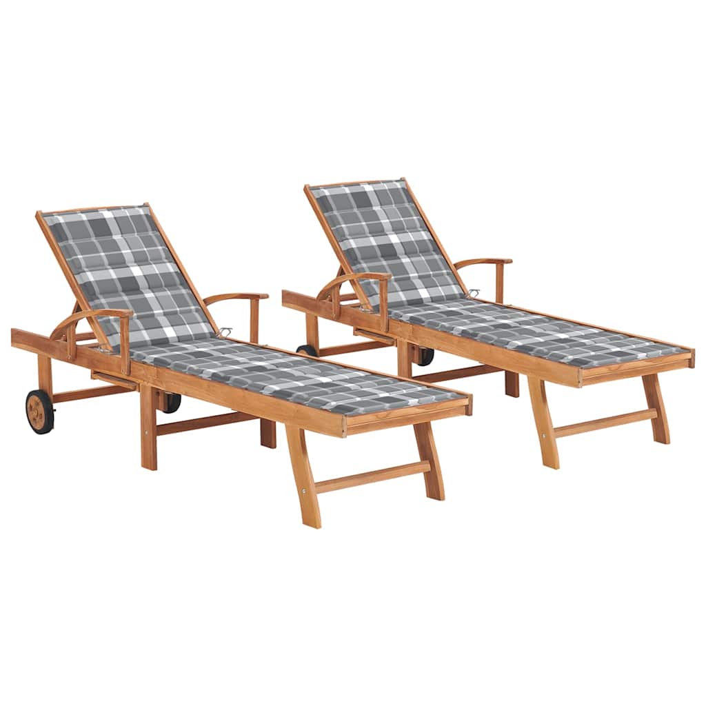 Sun Loungers 2 pcs with Grey Check Pattern Cushion Solid Teak Wood