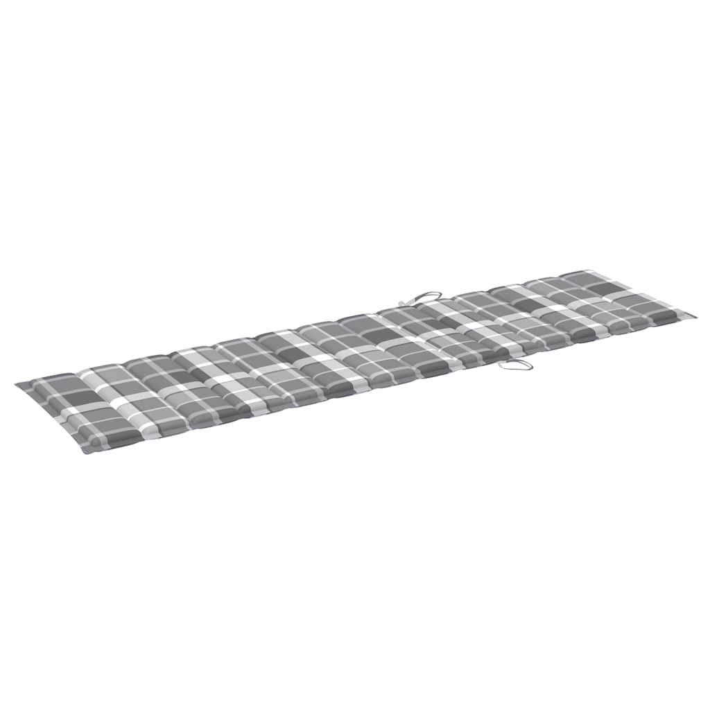 Sun Loungers 2 pcs with Grey Check Pattern Cushion Solid Teak Wood
