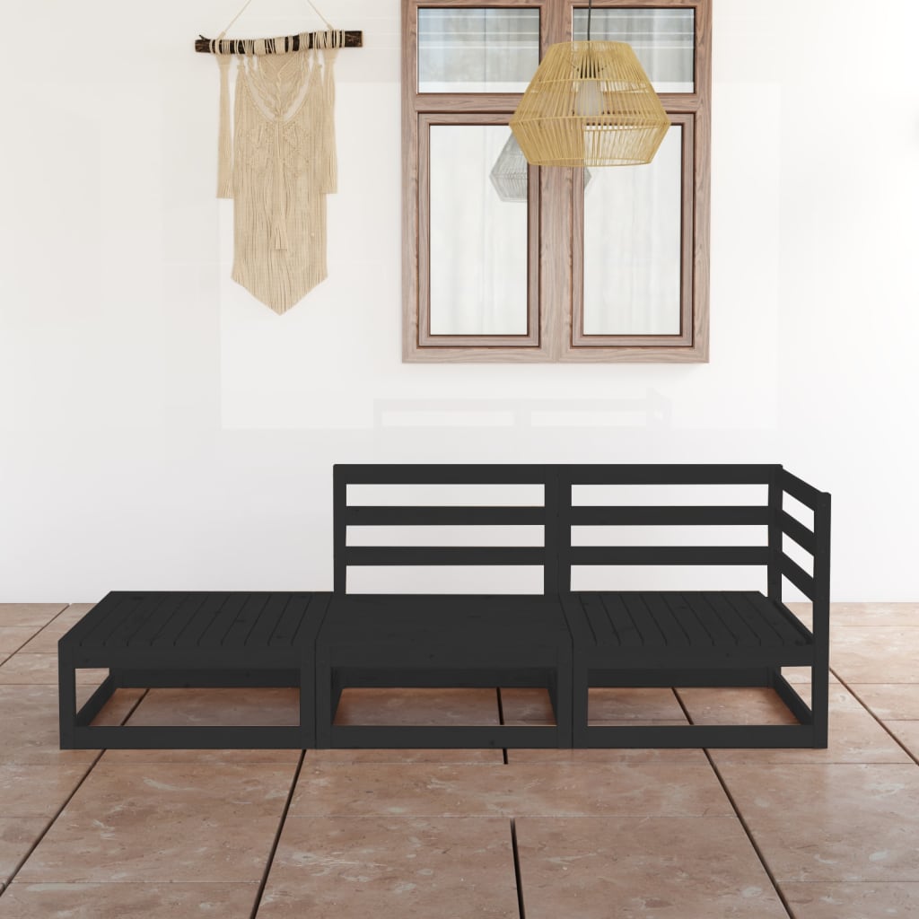 3 Piece Garden Lounge Set Black Solid Wood Pine