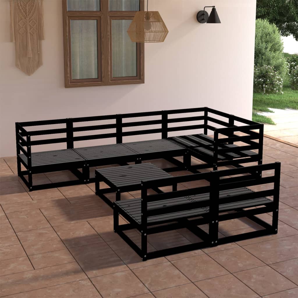 8 Piece Garden Lounge Set Black Solid Pinewood