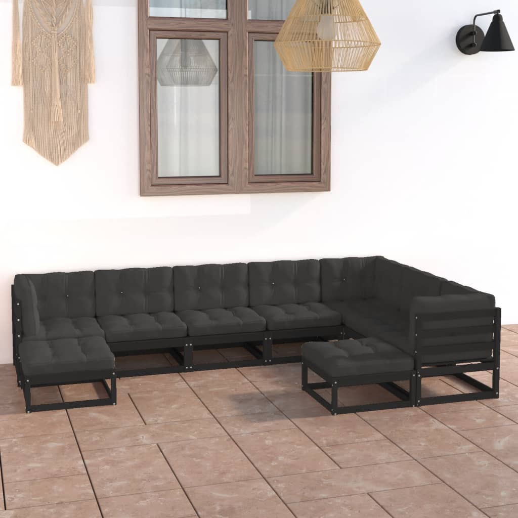 9 Piece Garden Lounge Set with Cushions Black Solid Pinewood