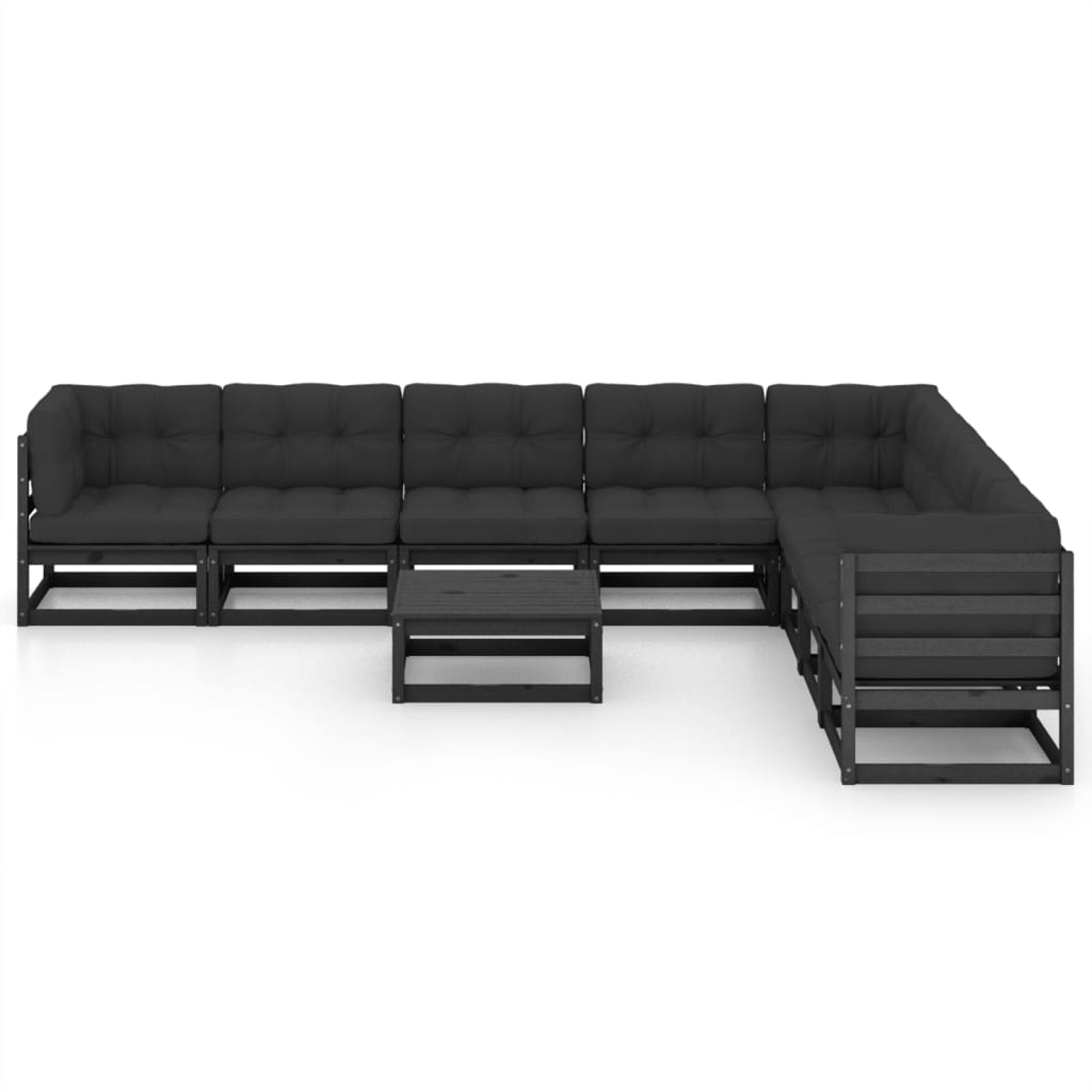 9 Piece Garden Lounge Set with Cushions Black Solid Pinewood
