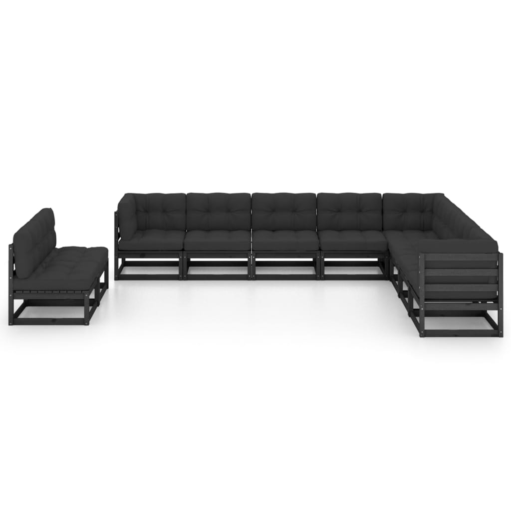 10 Piece Garden Lounge Set with Cushions Black Solid Pinewood