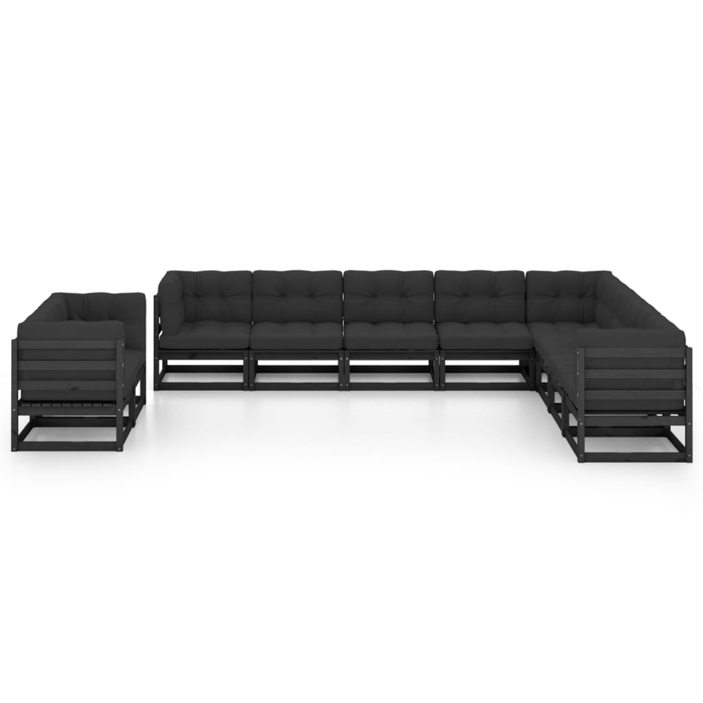 10 Piece Garden Lounge Set with Cushions Black Solid Pinewood