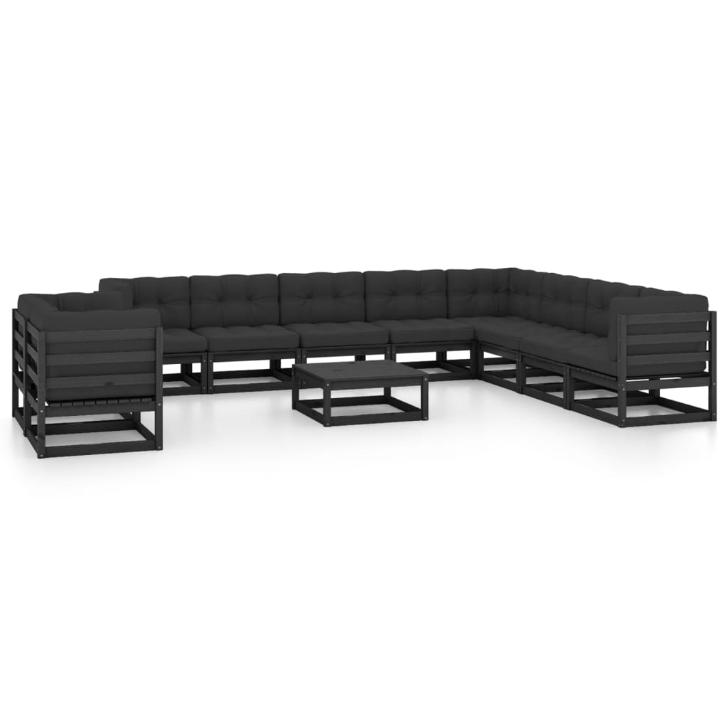 11 Piece Garden Lounge Set with Cushions Black Solid Pinewood