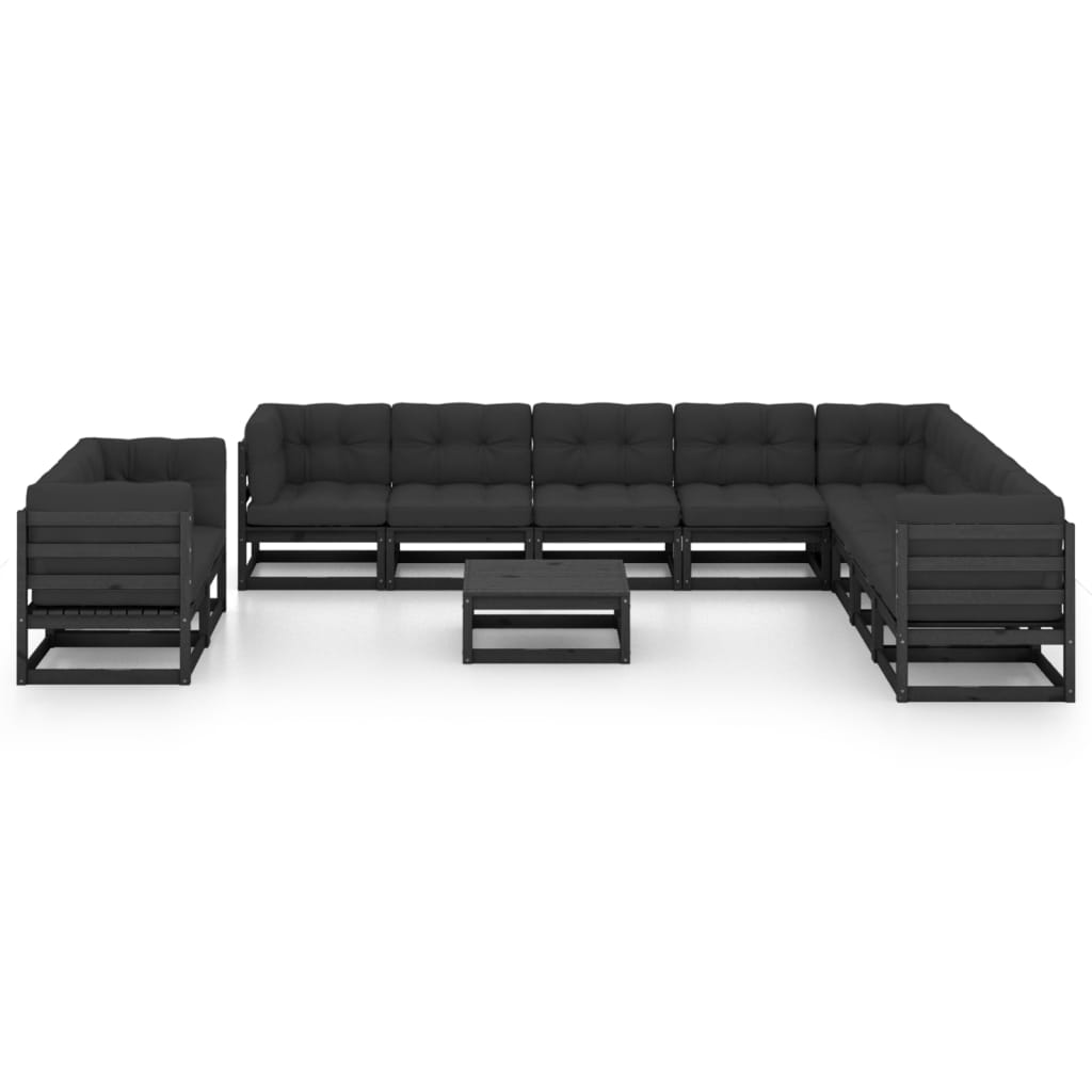 11 Piece Garden Lounge Set with Cushions Black Solid Pinewood