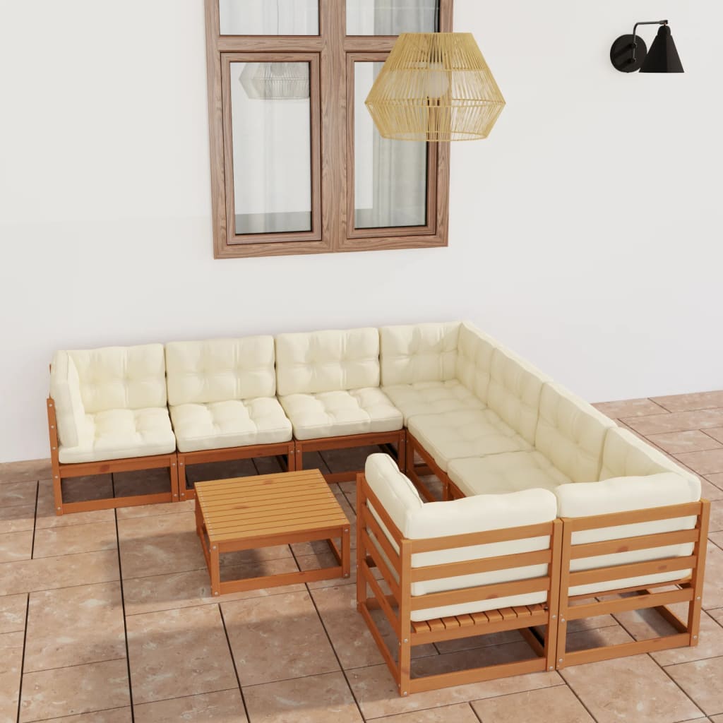 9 Piece Garden Lounge Set & Cushions Honey Brown Solid Pinewood