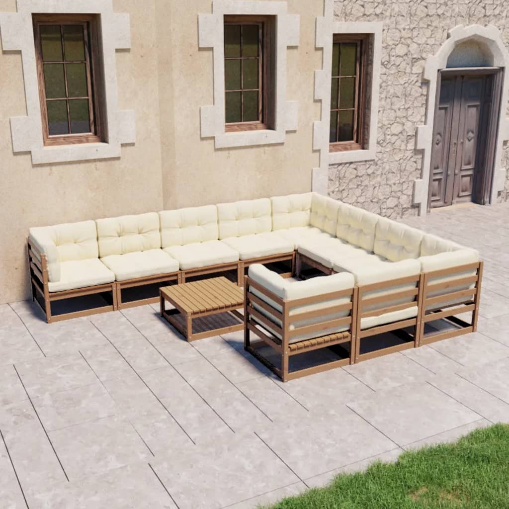 11 Piece Garden Lounge Set&Cushions Honey Brown Solid Pinewood