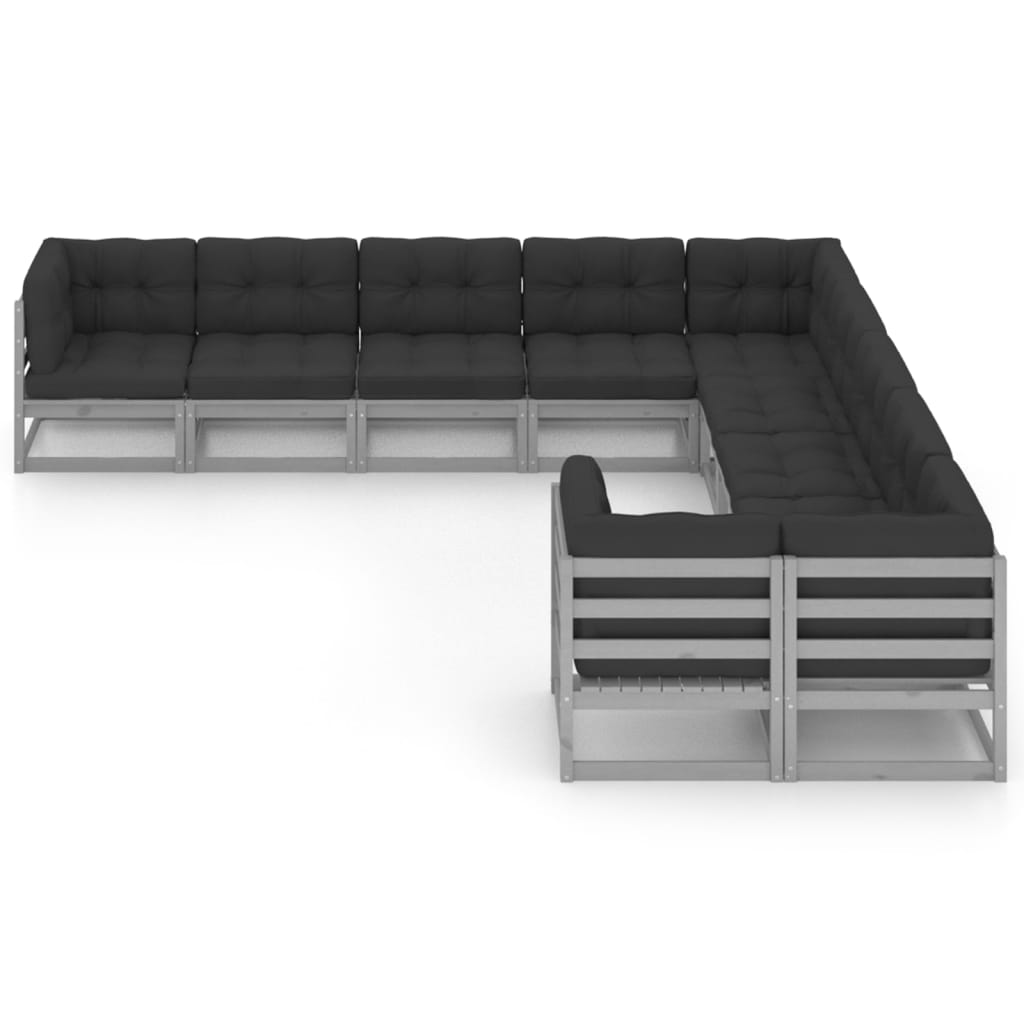 10 Piece Garden Lounge Set with Cushions Grey Solid Pinewood