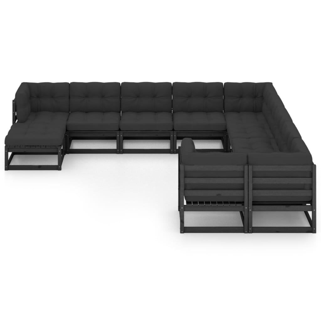 11 Piece Garden Lounge Set with Cushions Black Solid Pinewood