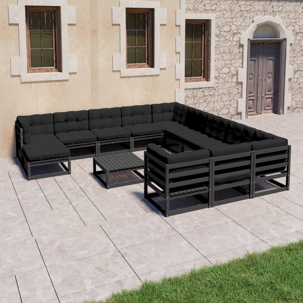 13 Piece Garden Lounge Set with Cushions Black Solid Pinewood