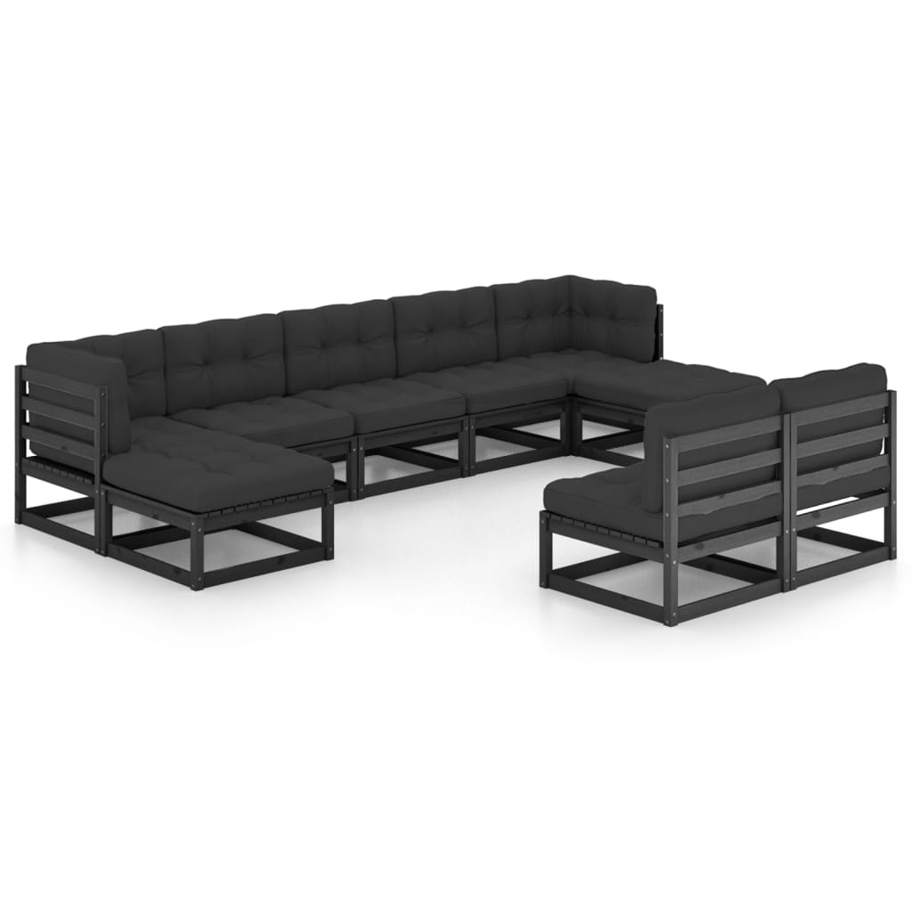 9 Piece Garden Lounge Set with Cushions Black Solid Pinewood