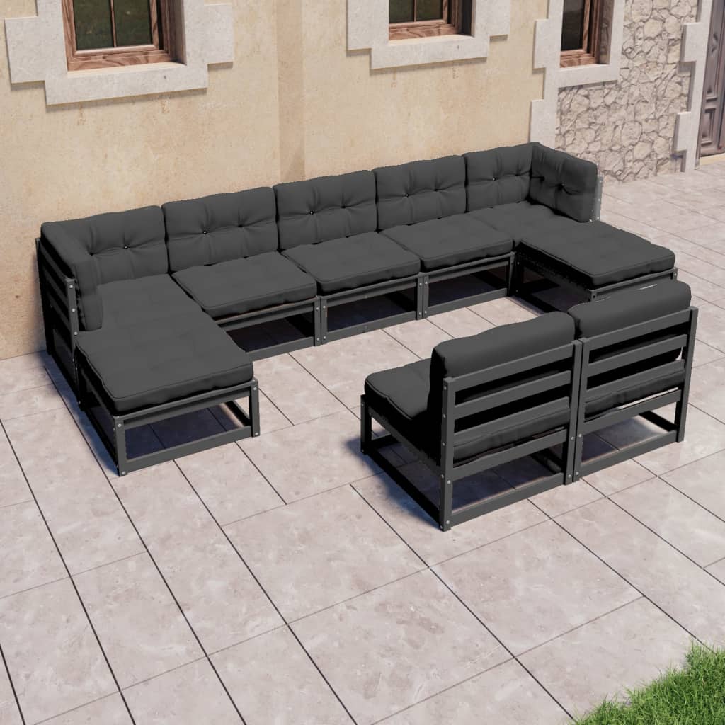 9 Piece Garden Lounge Set with Cushions Black Solid Pinewood