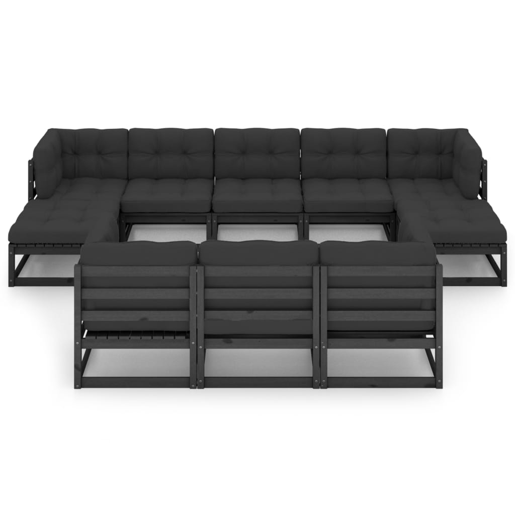 10 Piece Garden Lounge Set with Cushions Black Solid Pinewood
