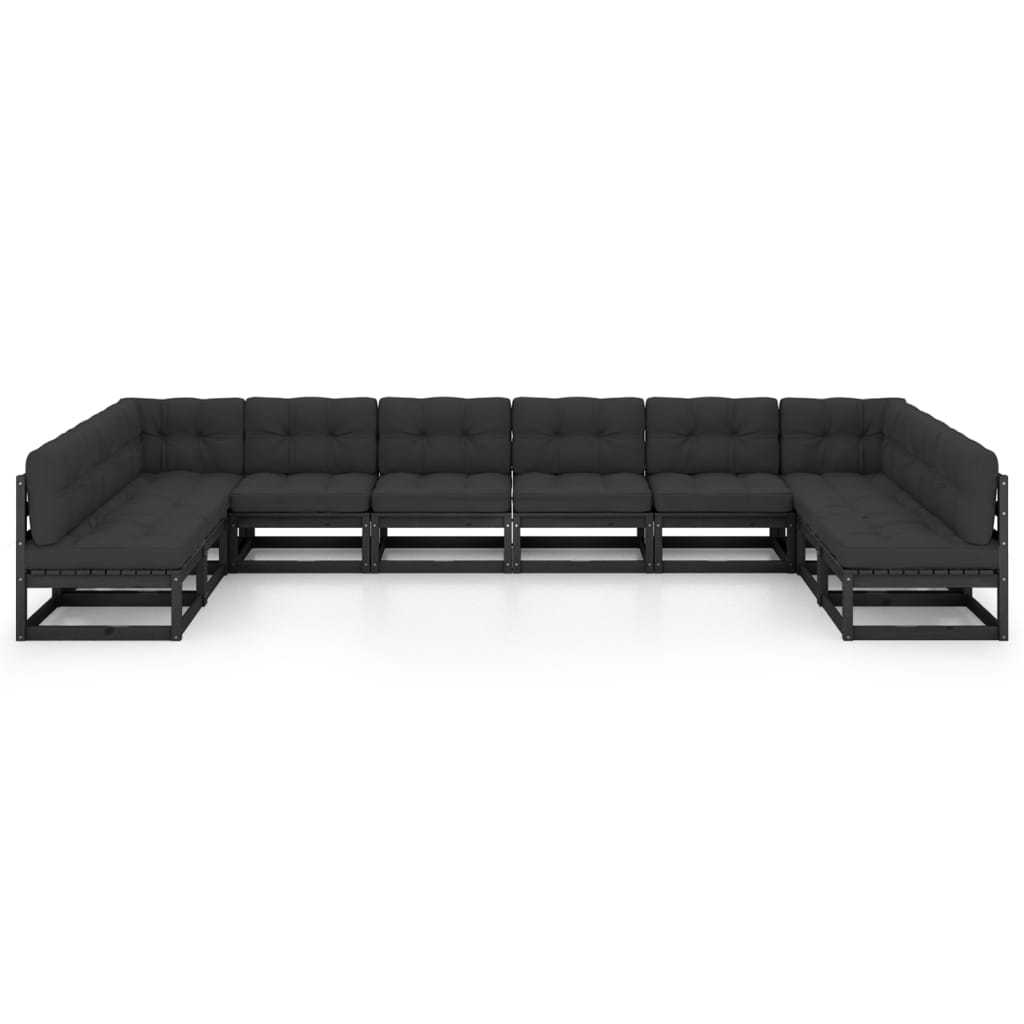 10 Piece Garden Lounge Set with Cushions Black Solid Pinewood