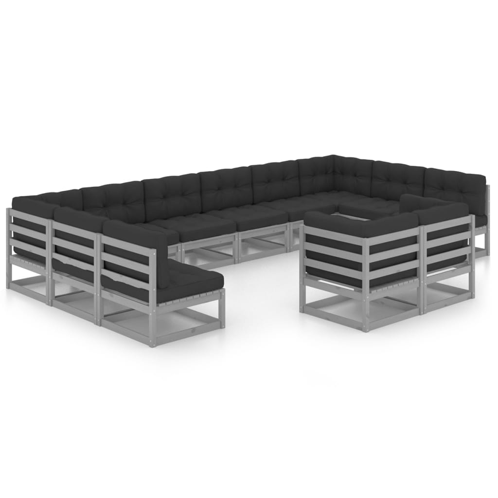 12 Piece Garden Lounge Set with Cushions Grey Solid Pinewood