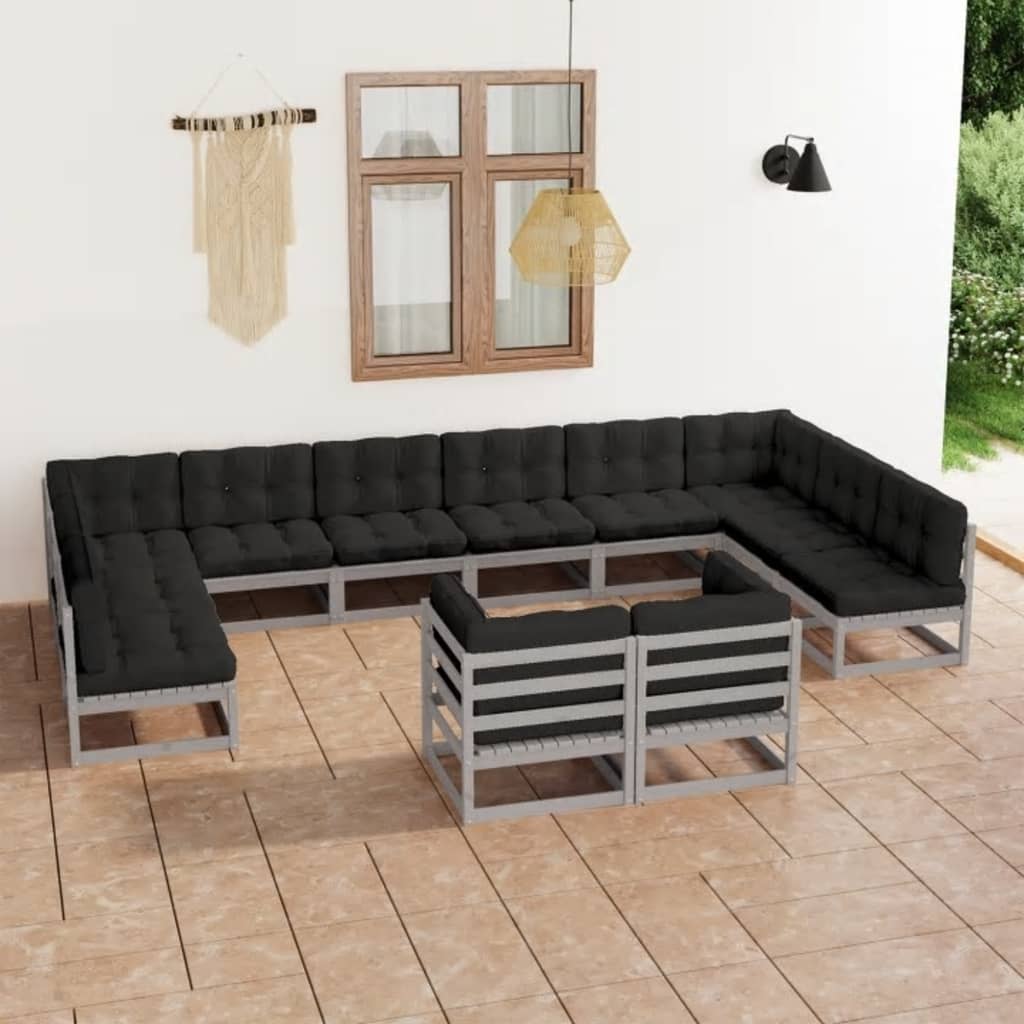 12 Piece Garden Lounge Set with Cushions Grey Solid Pinewood