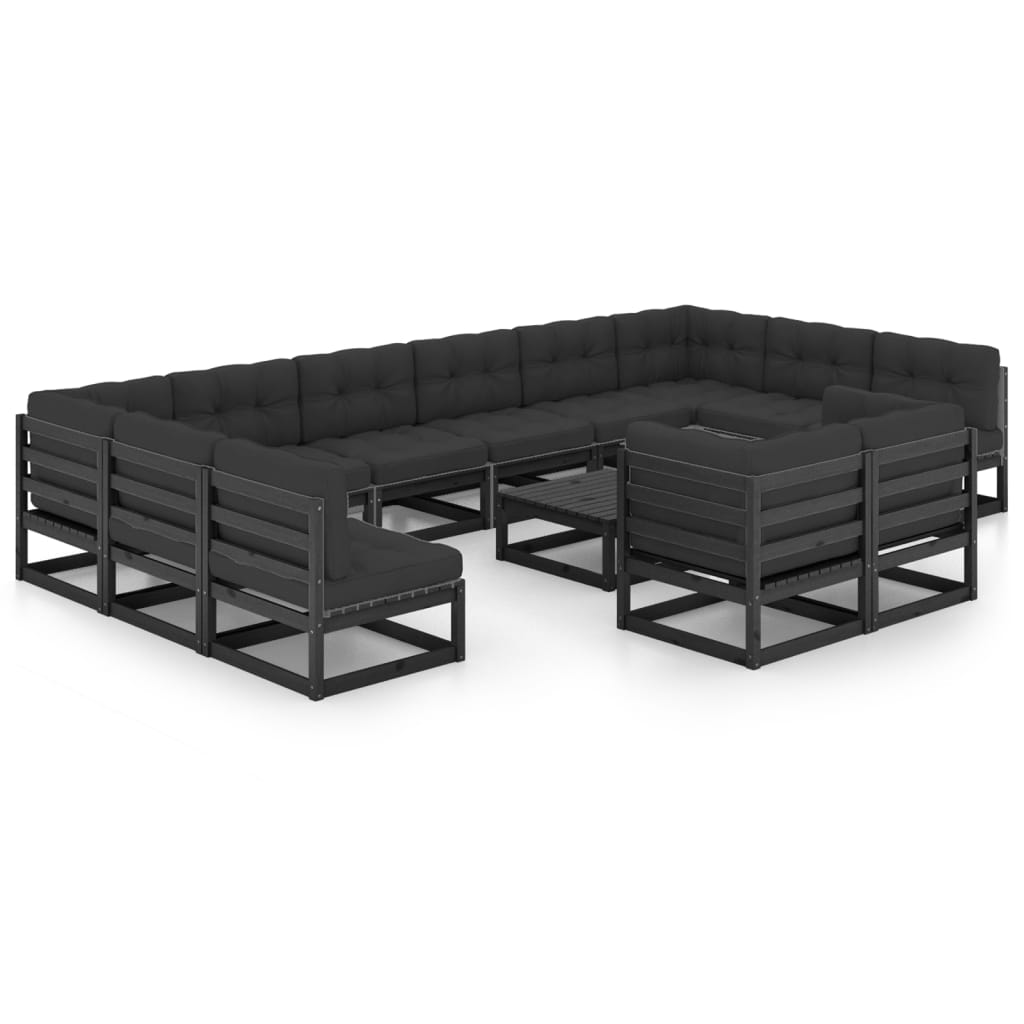 13 Piece Garden Lounge Set with Cushions Black Solid Pinewood