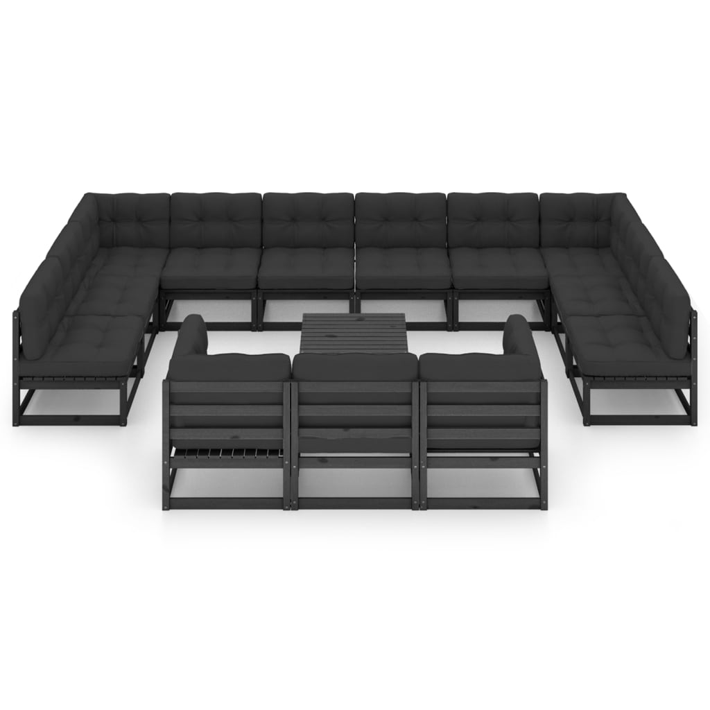 14 Piece Garden Lounge Set with Cushions Black Solid Pinewood