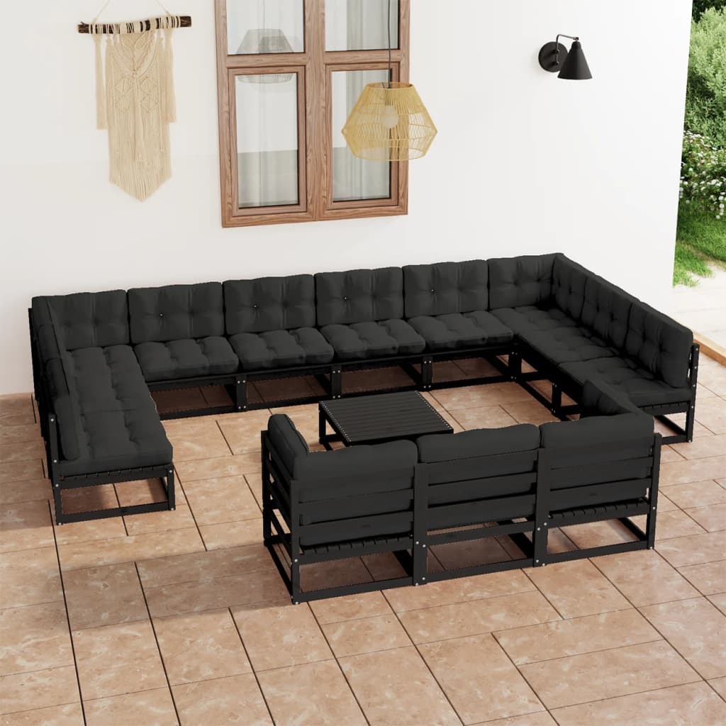 14 Piece Garden Lounge Set with Cushions Black Solid Pinewood