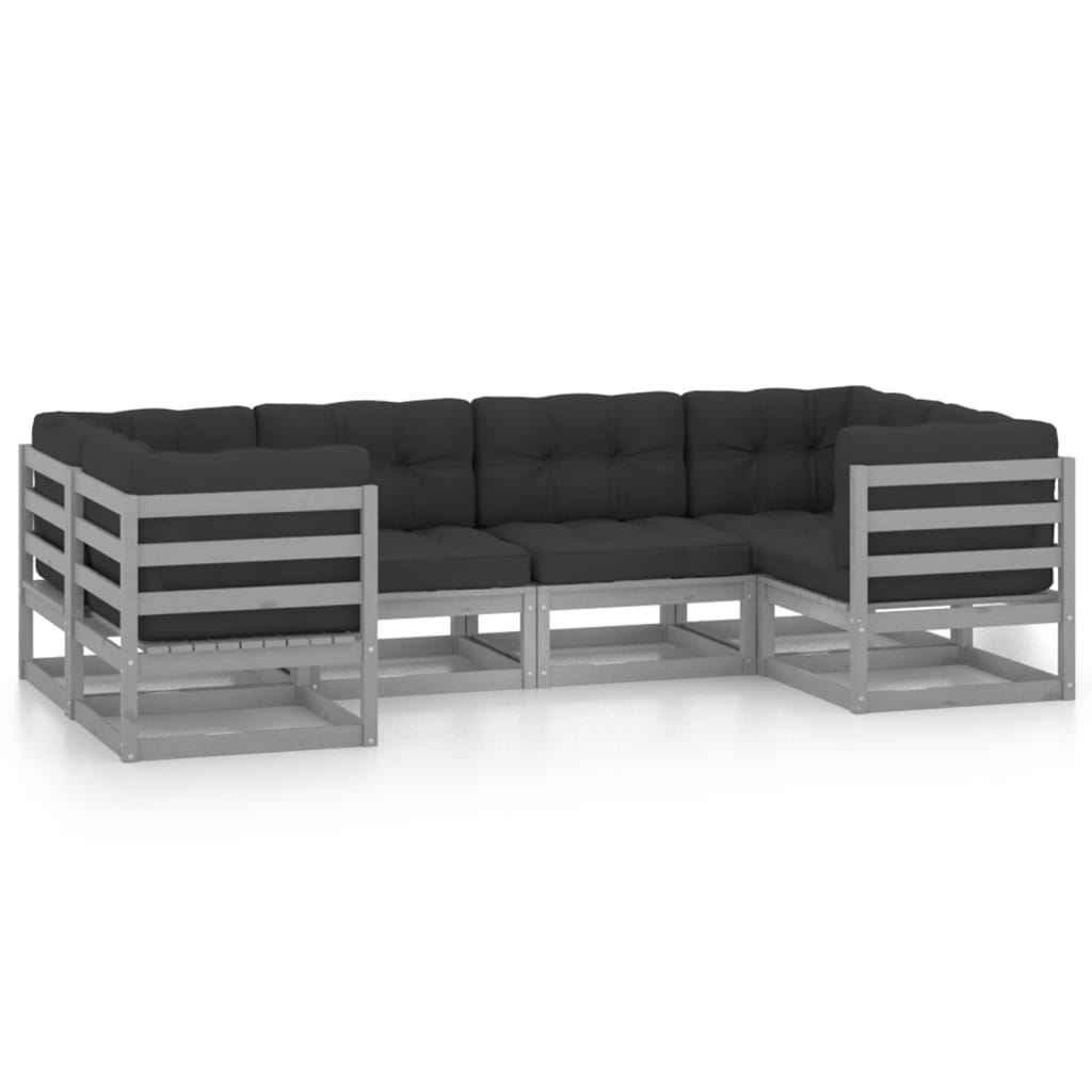 6 Piece Garden Lounge Set with Cushions Grey Solid Pinewood