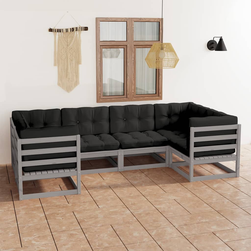 6 Piece Garden Lounge Set with Cushions Grey Solid Pinewood